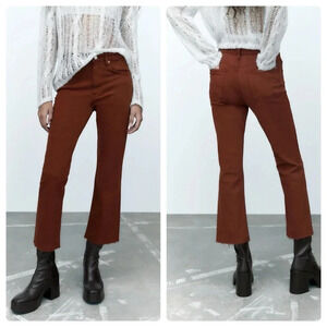 ZARA | Mid Rise Cropped Flare Wide Leg Raw Hem Rust Brown Jeans Size 4